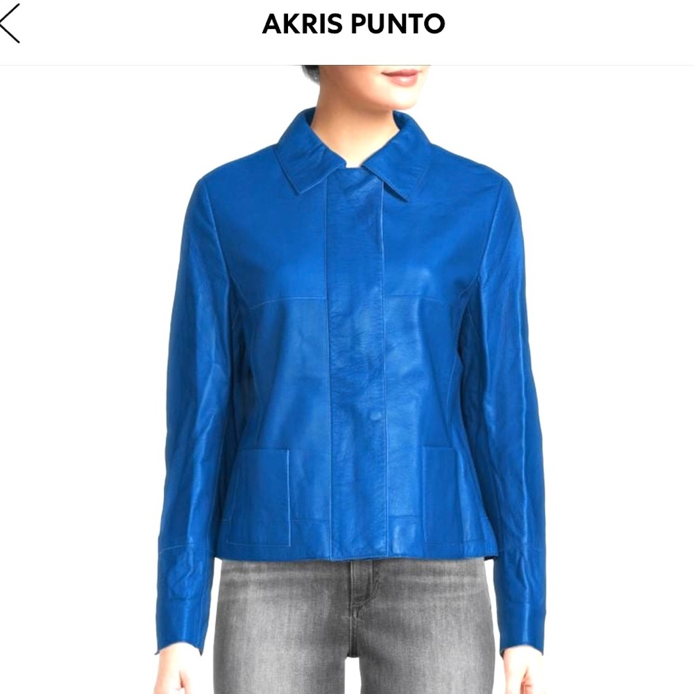 Akris Punto- $2390 100% Nappa Lambskin Electric Blue Leather Jacket, Size 14